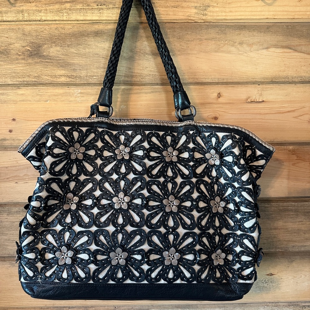 Brighton Retired Gloria Black and Cream Floral Tote